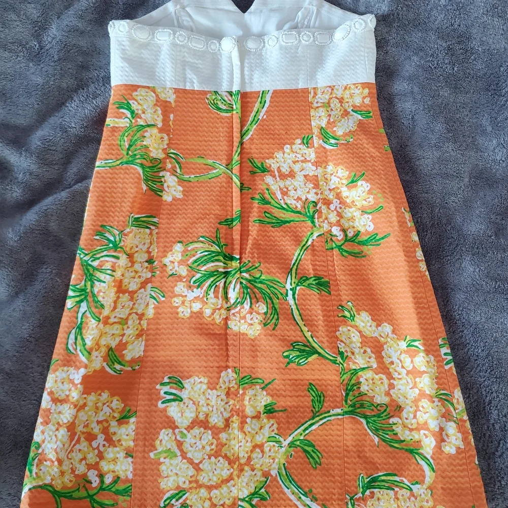 Lilly Pulitzer Bowen Strapless Shift Dress Orange Floral White Eyelet Size 2 - Picture 5 of 11